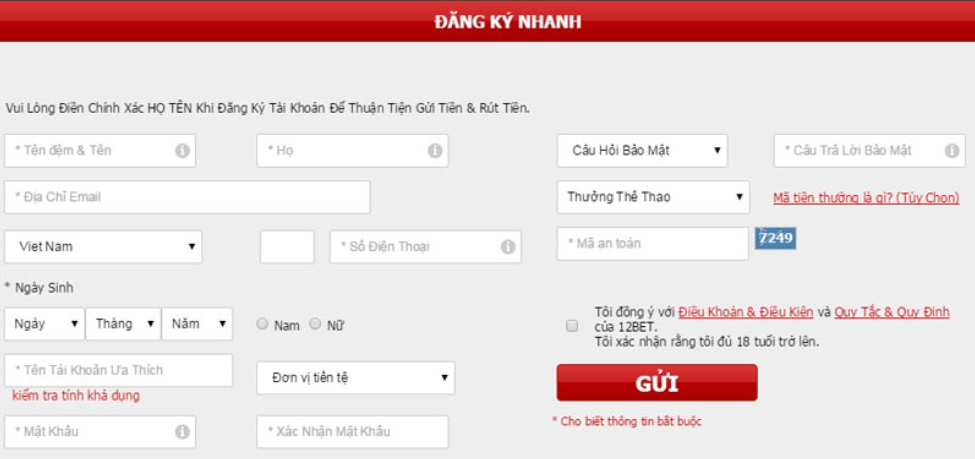 Lưu ý khi đăng ký tài khoản 12Bet